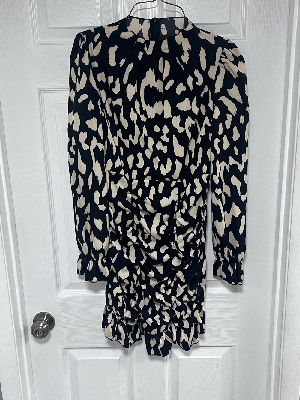 Black and Cream Animal-Print Ruched Mini Dress Size S